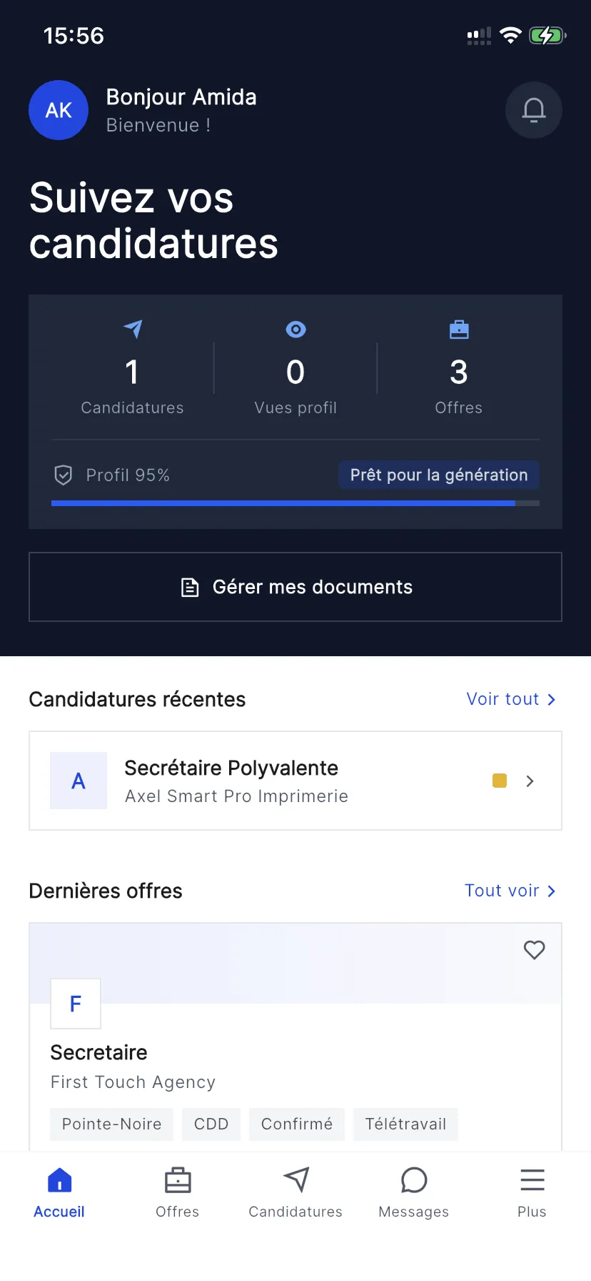 Accueil de l'application Spaark Jobs